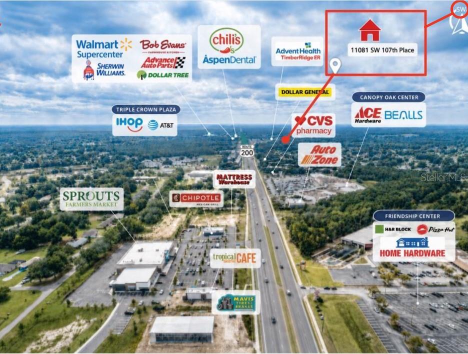 An aerial map shows a residential property location surrounded by various nearby commercial businesses and retailers — 11081 SW 107TH PLACE, OCALA, FL