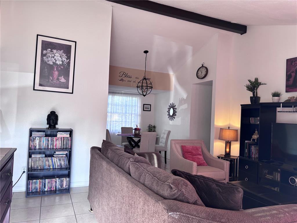 A living room with a sofa, media console, and an adjacent dining area — 10102 MISSY COURT, TAMPA, FL