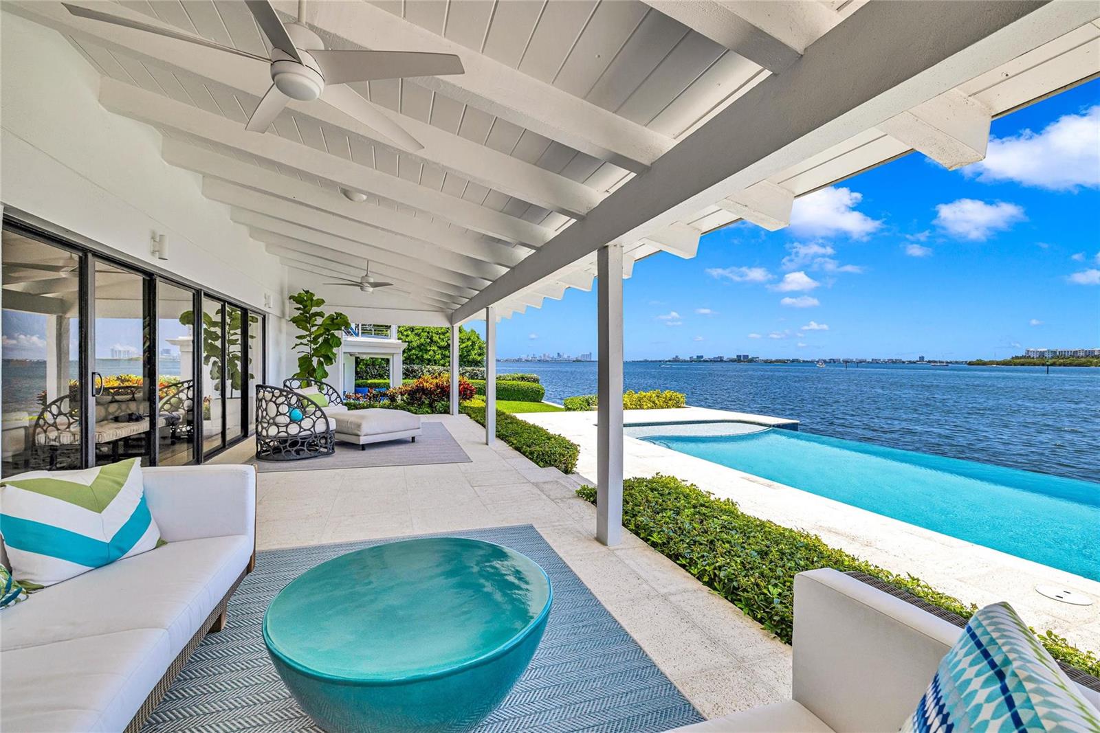 A covered patio features a pool overlooking the ocean with a view of a city skyline — 1290 NE 83rd Street, Miami FL 33138, MIAMI, FL