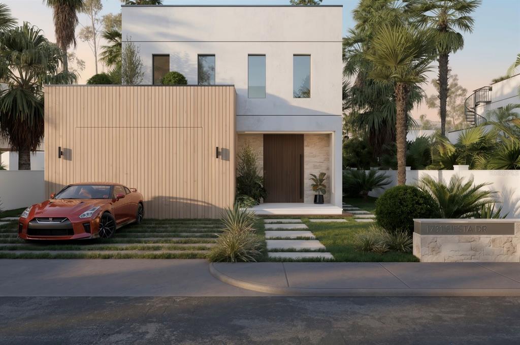 This is a rendering of a modern two-story house with a wooden facade and sports car — 1731 SIESTA DRIVE, SARASOTA, FL
