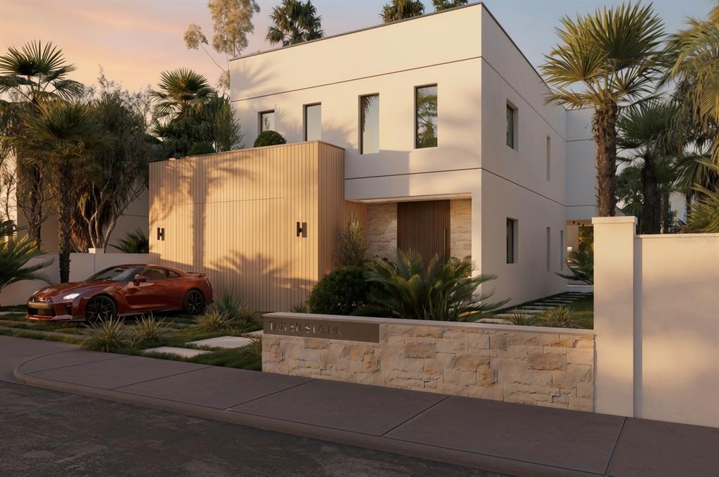 This is a digital architectural rendering of a modern two-story house with a red car — 1731 SIESTA DRIVE, SARASOTA, FL
