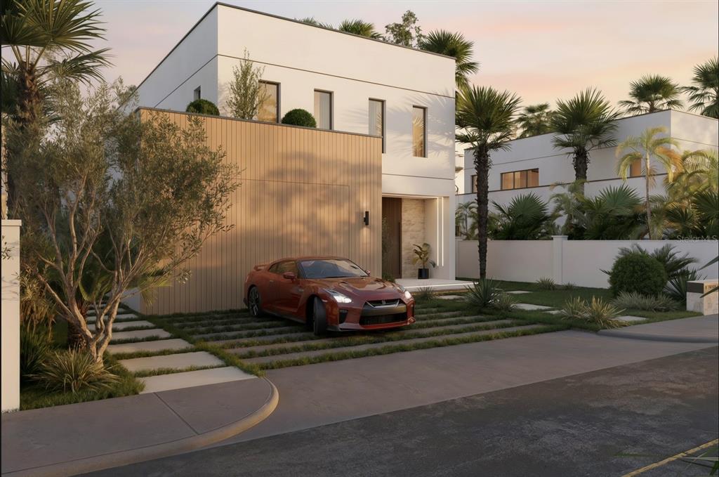 A digital rendering of a modern two-story house with a red sports car parked outside — 1731 SIESTA DRIVE, SARASOTA, FL