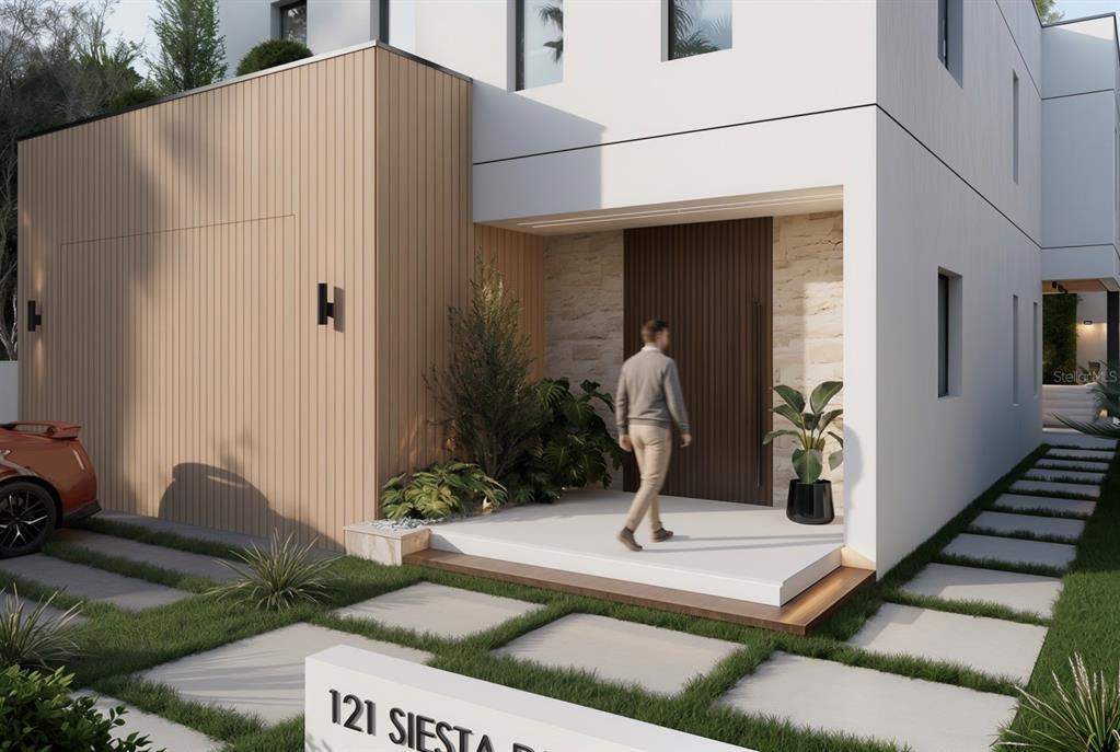 This architectural rendering shows the modern exterior entrance of a house with wood-slatted siding — 1731 SIESTA DRIVE, SARASOTA, FL