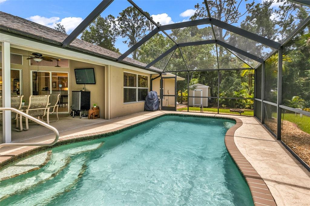 A screened-in patio features a swimming pool, outdoor furniture, and a television mounted on the wall — 131 SUNDIET STREET, PORT CHARLOTTE, FL