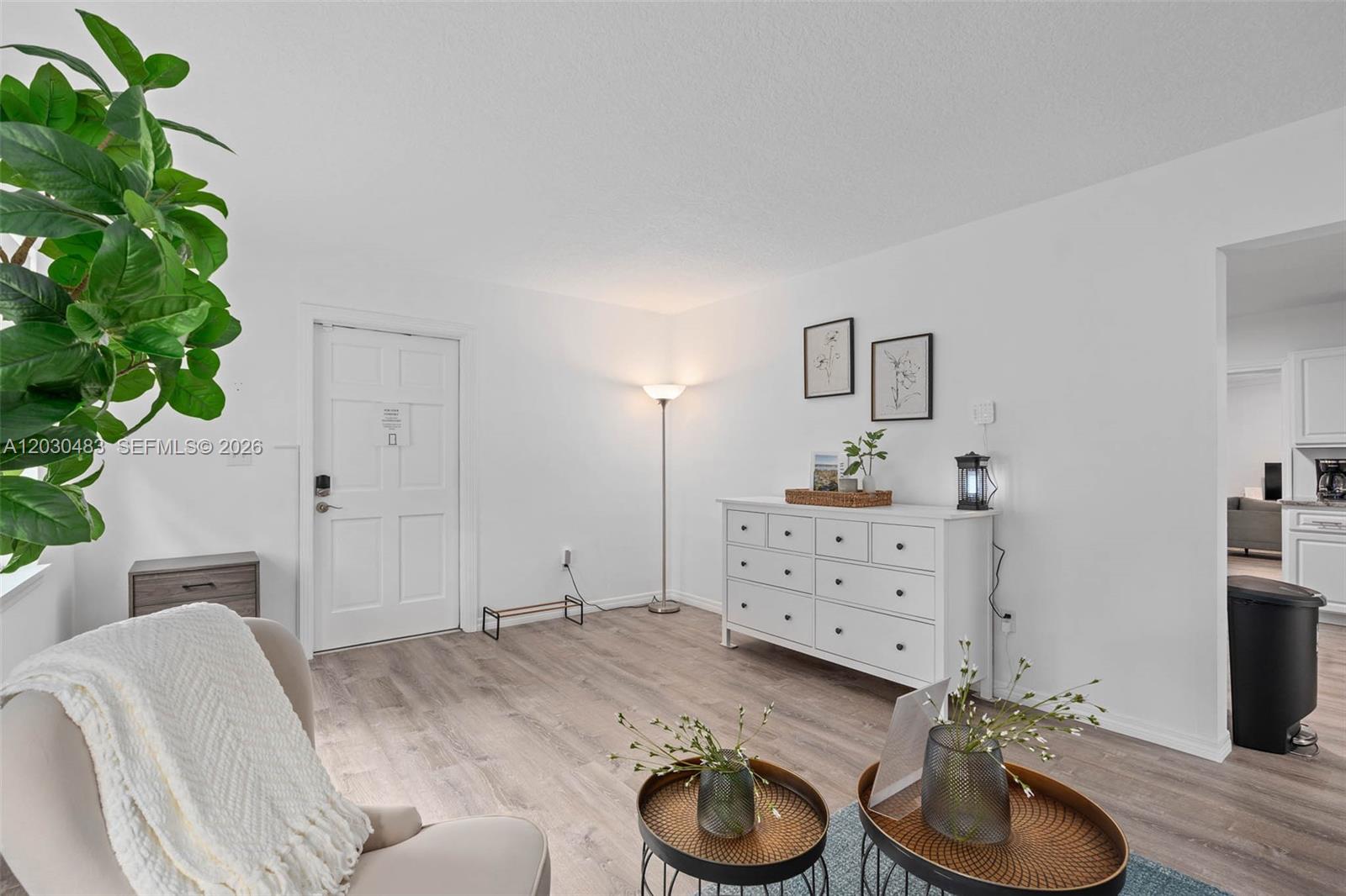 A living room features light wood-look flooring, a white dresser, and a white front door — 4255 Wee Street # 4255, Mount Dora FL 32757, MOUNT DORA, FL