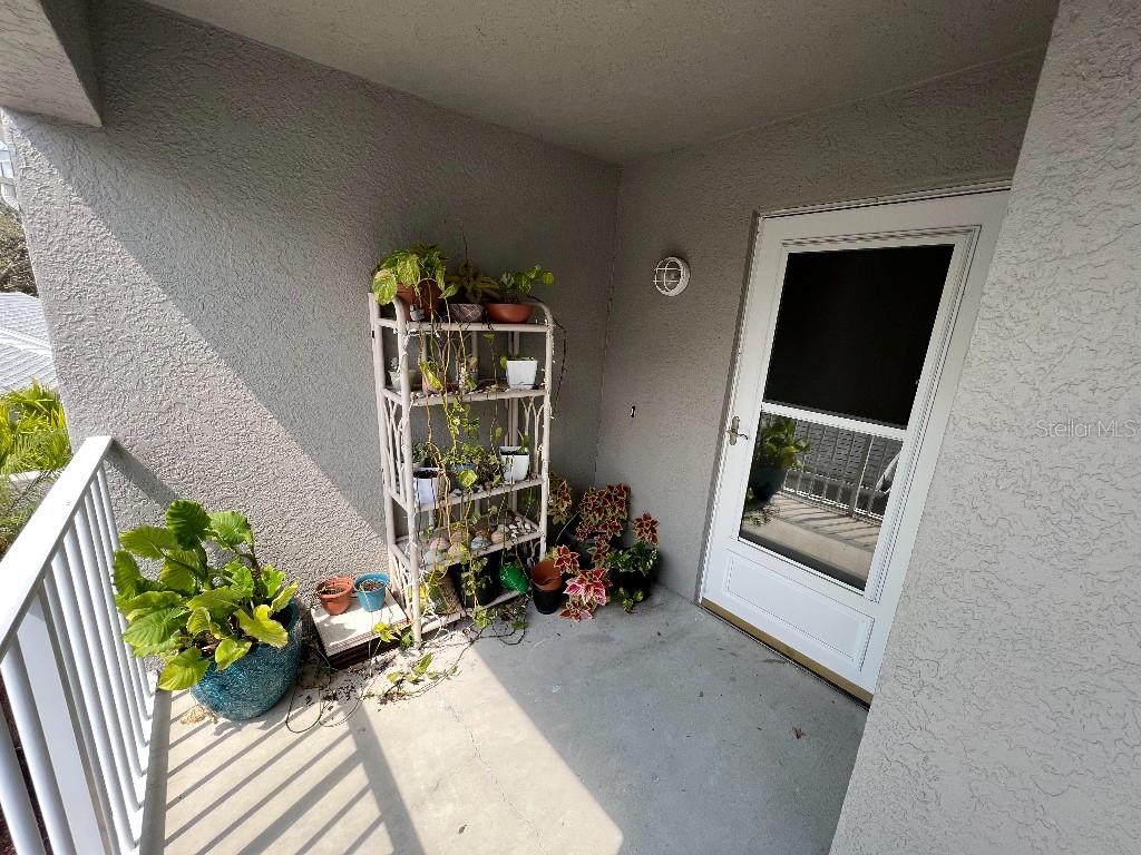 A covered balcony features a metal plant stand, potted plants, and a white storm door — 9485 HAMLIN BOULEVARD UNIT 8, SEMINOLE, FL