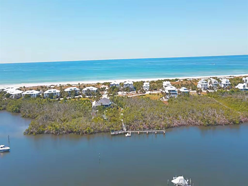 An aerial view shows a coastal property with a private dock, dense vegetation, and nearby houses — 10049 HEL-LEW COURT, PLACIDA, FL