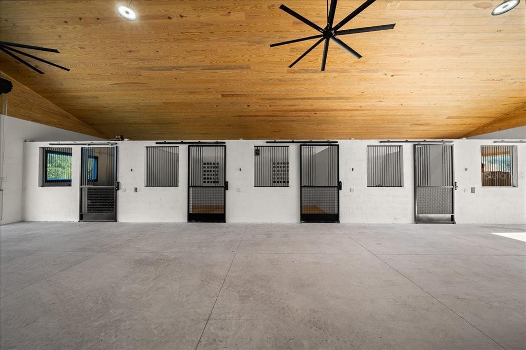 A horse barn interior with four stalls, concrete flooring, and a wood-paneled vaulted ceiling — 3888 SW 140TH AVENUE, OCALA, FL