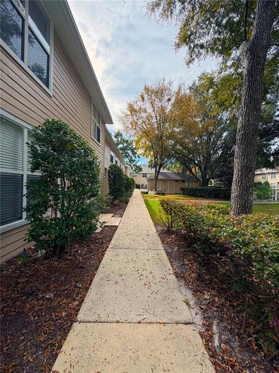 A concrete walkway leads between a tan building and a row of bushes — 3521 SW 30TH WAY UNIT 105, GAINESVILLE, FL