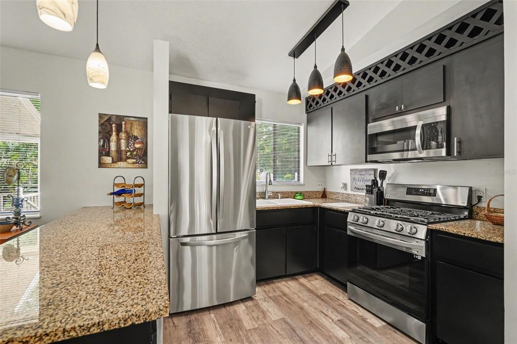 A kitchen features dark cabinets, stainless steel appliances, granite countertops, and wood-look flooring — 7269 W RAYBURN ST, DUNNELLON, FL