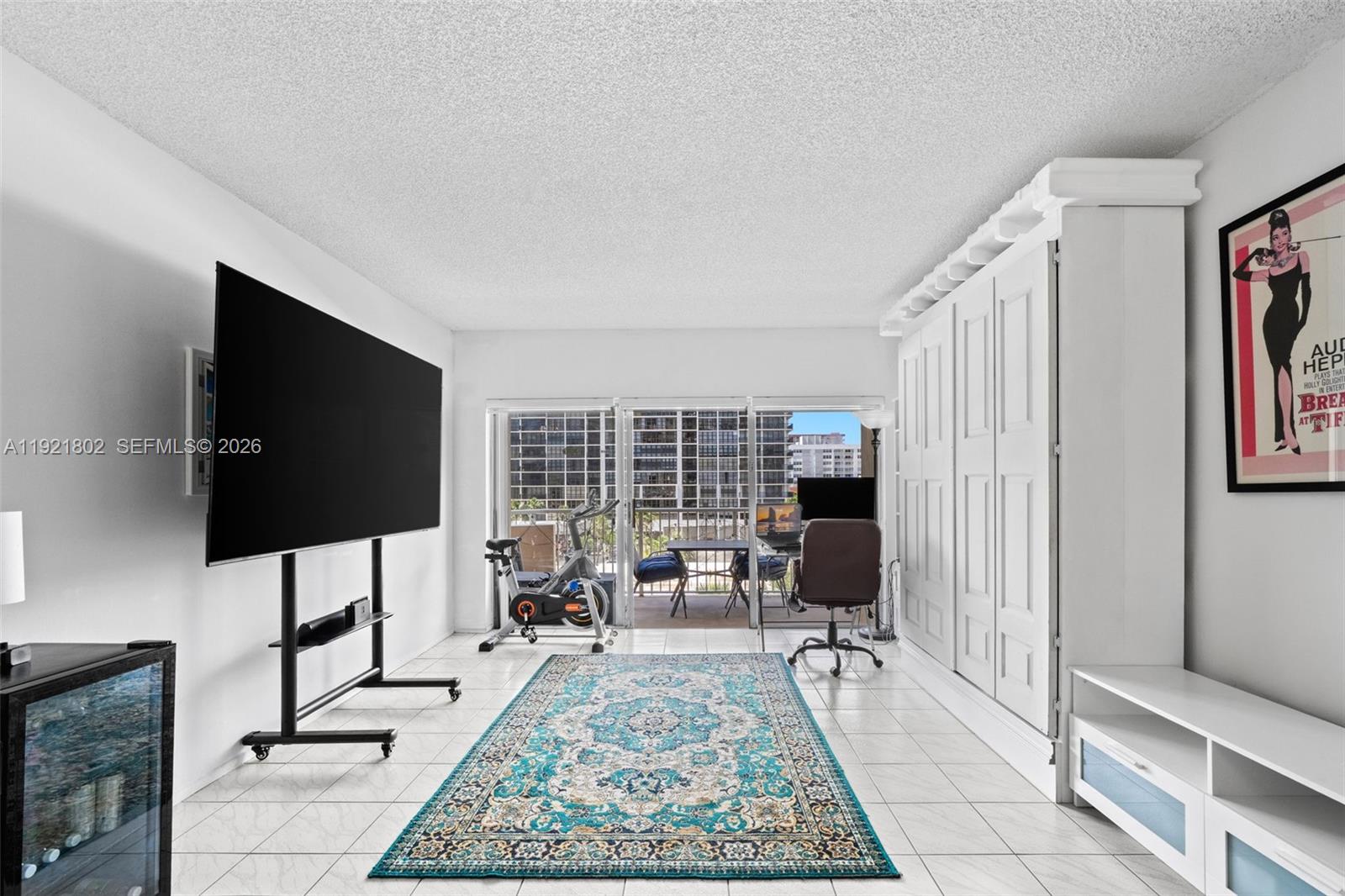 A living room features a large television on a stand, a rug, and a balcony — 1985 S Ocean Dr # 3A, Hallandale Beach FL 33009, HALLANDALE BEACH, FL