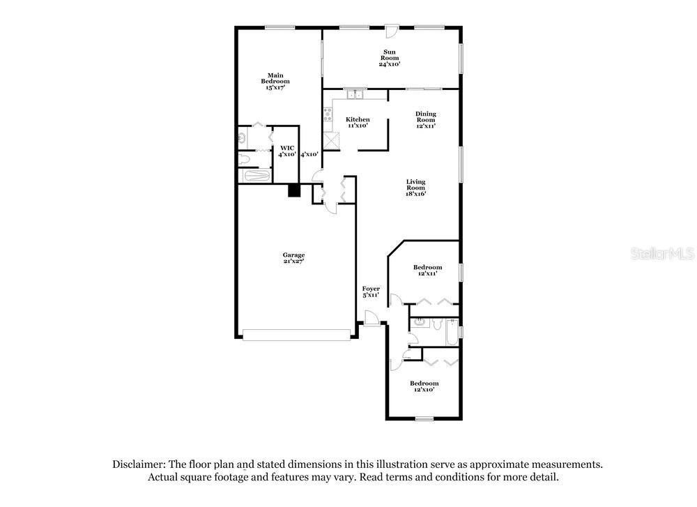 This is a floor plan showing a single-story house with a garage and three bedrooms — 104 LAKE DAISY TERRACE, WINTER HAVEN, FL