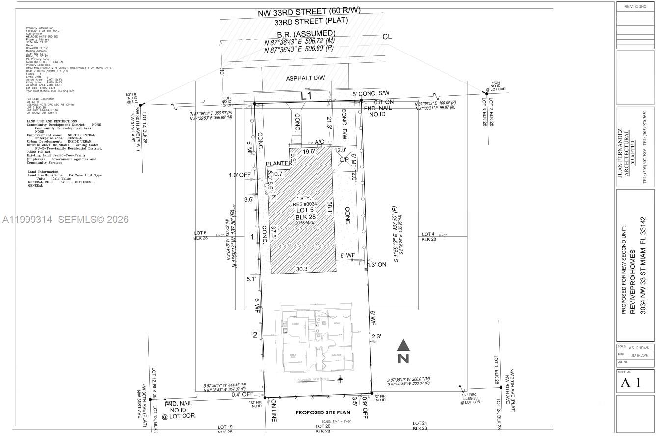 This is a site plan for a residential property showing lot boundaries and building footprints — 3034 NW 33rd St, Miami FL 33142, MIAMI, FL