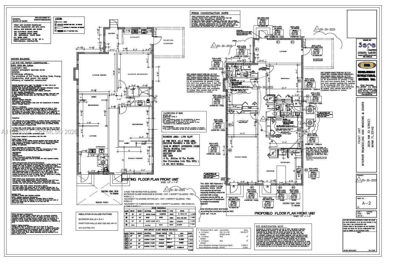 This is a floor plan showing the existing and proposed layouts for a residential unit — 3034 NW 33rd St, Miami FL 33142, MIAMI, FL