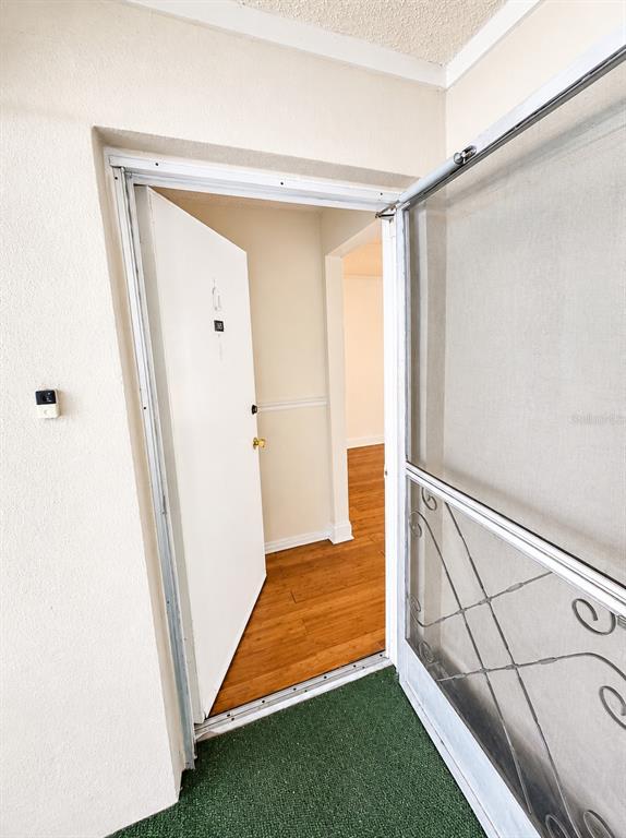 An open white door reveals an interior entryway with wood-look flooring and a screen door — 3510 41ST AVENUE S UNIT 165, ST PETERSBURG, FL