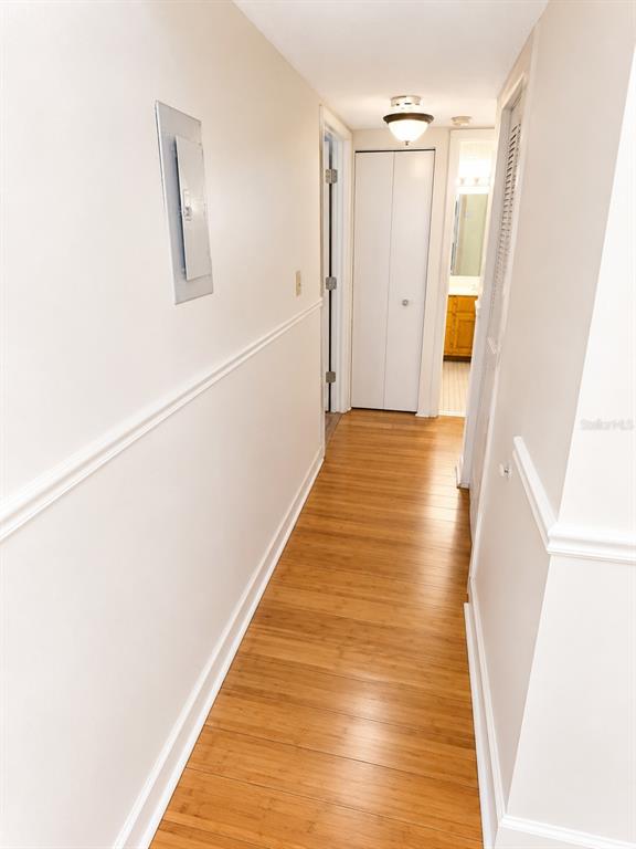 A hallway with light-colored walls, wood flooring, and a white closet door — 3510 41ST AVENUE S UNIT 165, ST PETERSBURG, FL