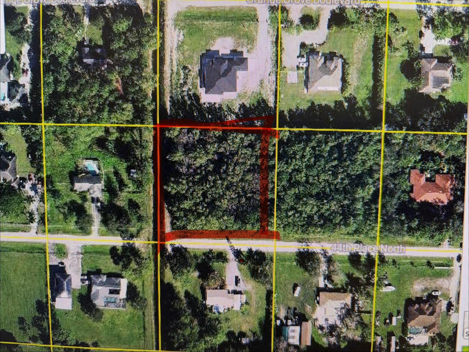 An aerial map view shows a rectangular, wooded vacant lot outlined in red — 00 44th Place N, FL 33470, FL