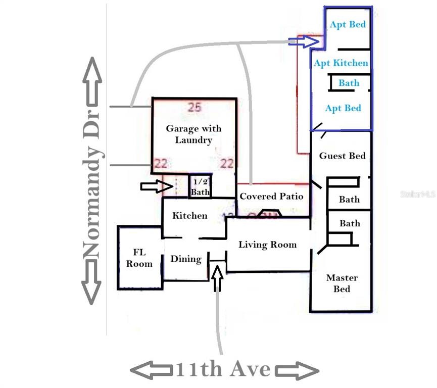 This floor plan shows a house with a garage, multiple bedrooms, bathrooms, and an apartment — 995 W 11TH AVENUE, MOUNT DORA, FL