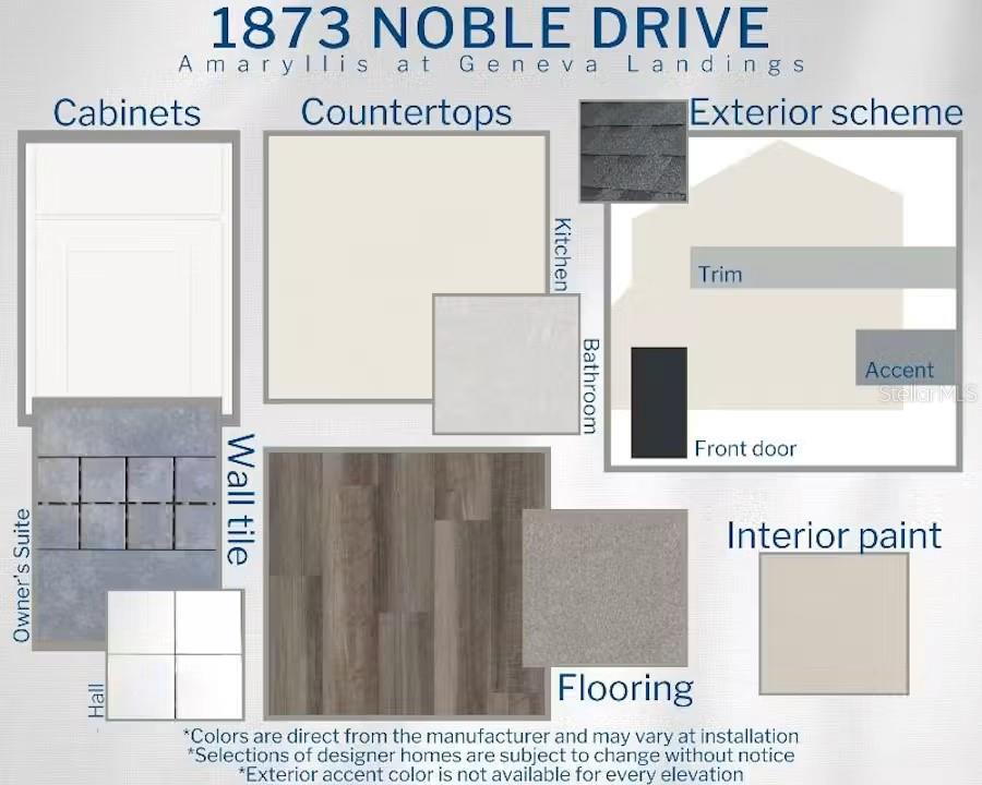 This design board displays material and color selections for home finishes, including flooring, cabinetry, and exterior paint — 1873 NOBLE DRIVE, DAVENPORT, FL