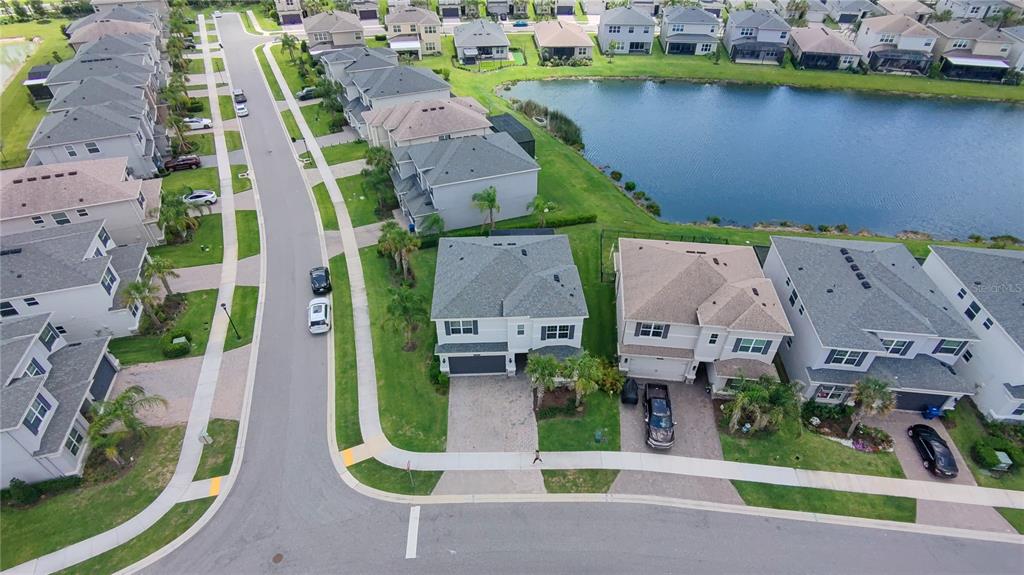 An aerial view shows a suburban neighborhood with houses, a pond, and paved streets — 3338 GREAT BANYAN WAY, WESLEY CHAPEL, FL