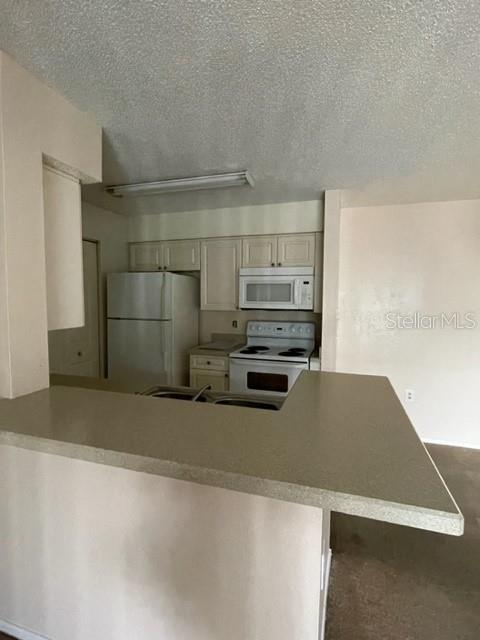 A kitchen features white cabinets, a white refrigerator, a white stove, and a breakfast bar — 1221 BERMUDA LAKES LANE UNIT 202, KISSIMMEE, FL