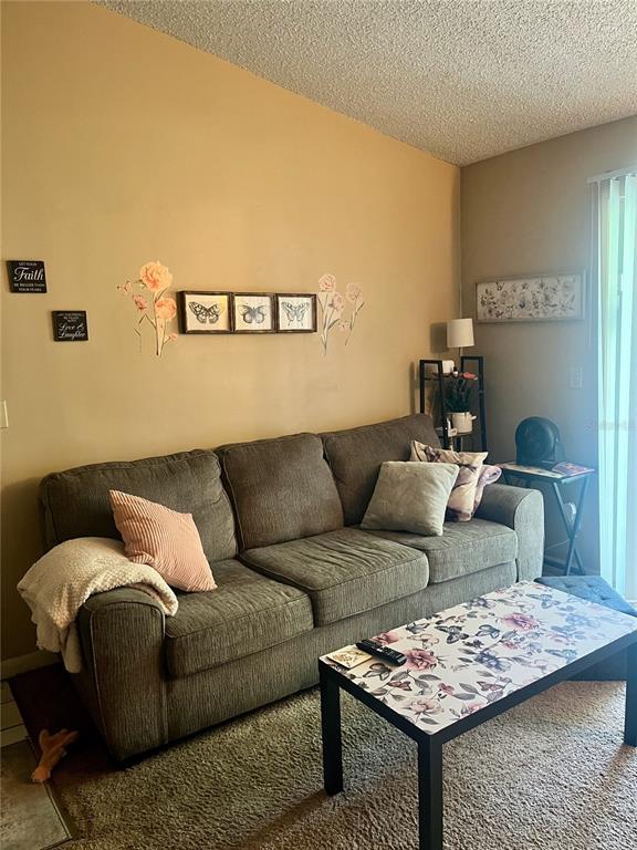 A living room features a gray sofa, a floral coffee table, and wall art — 709 SECRET HARBOR LANE UNIT 205, LAKE MARY, FL