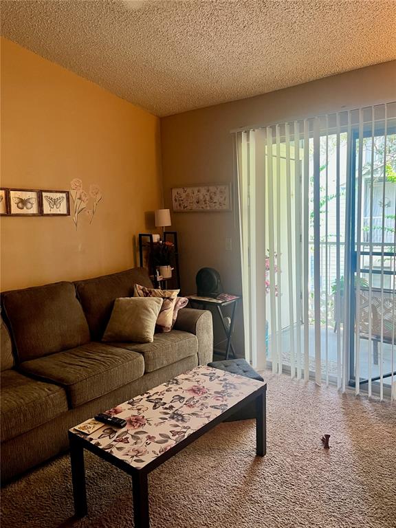 A living room features a brown sofa, a floral coffee table, and a sliding glass door — 709 SECRET HARBOR LANE UNIT 205, LAKE MARY, FL