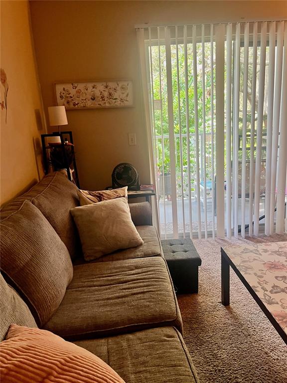 A living room features a brown sectional sofa, a coffee table, and vertical blinds covering a balcony — 709 SECRET HARBOR LANE UNIT 205, LAKE MARY, FL