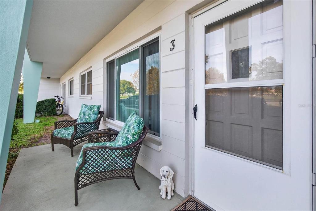 A concrete patio features two wicker chairs with green cushions and a small dog statue — 2455 FINLANDIA LANE UNIT 3, CLEARWATER, FL