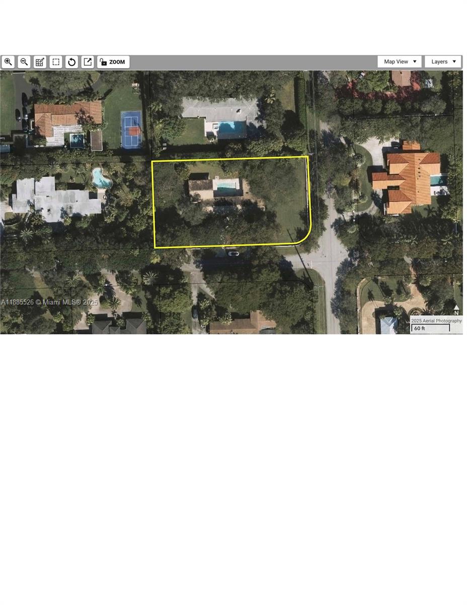 This aerial map shows a residential property lot outlined in yellow with a swimming pool — 6201 SW 114th St, Pinecrest FL 33156, PINECREST, FL