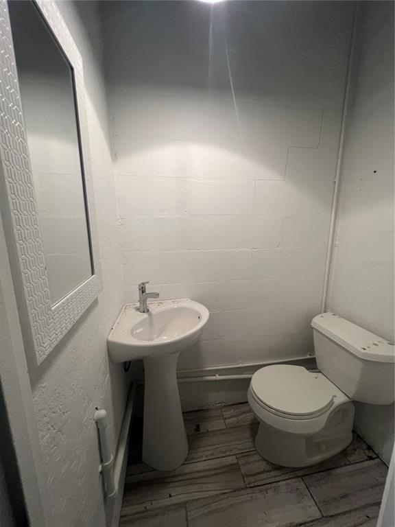 A small bathroom features a white pedestal sink, a toilet, and a framed wall mirror — 2431 SUNRISE DRIVE SE, ST PETERSBURG, FL