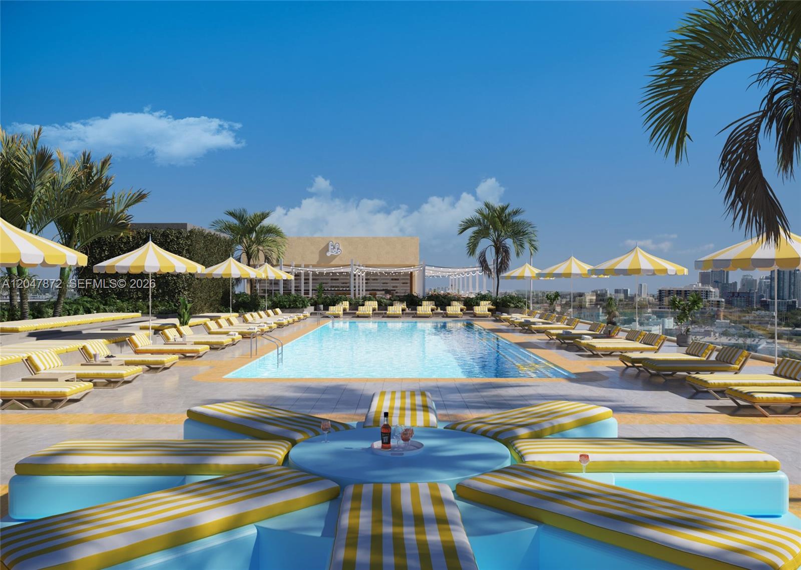This rendering shows a rooftop swimming pool area with yellow-striped lounge chairs and umbrellas — 90 NE 32nd St # 405, Miami FL 33127, MIAMI, FL
