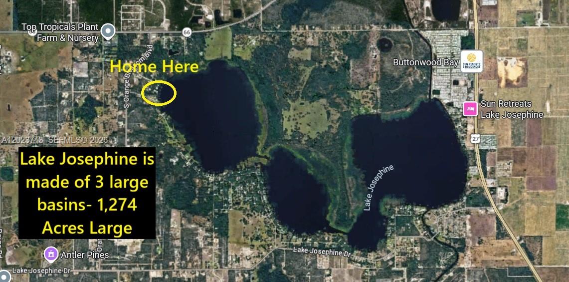 This map shows Lake Josephine and the surrounding area with a highlighted property location — 9526 Kingfisher PL, Sebring FL 33875, SEBRING, FL