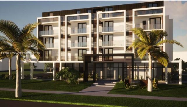 A digital rendering of a modern four-story apartment building with balconies and palm trees — 1749 NE 149, North Miami FL 33181, NORTH MIAMI, FL