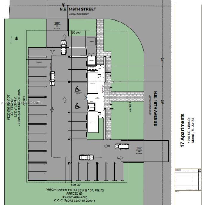This is a site plan rendering showing an apartment building with parking and landscaping — 1749 NE 149, North Miami FL 33181, NORTH MIAMI, FL