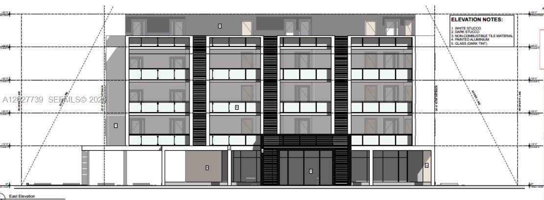 This architectural rendering shows the east elevation of a modern four-story building with balconies — 1749 NE 149, North Miami FL 33181, NORTH MIAMI, FL