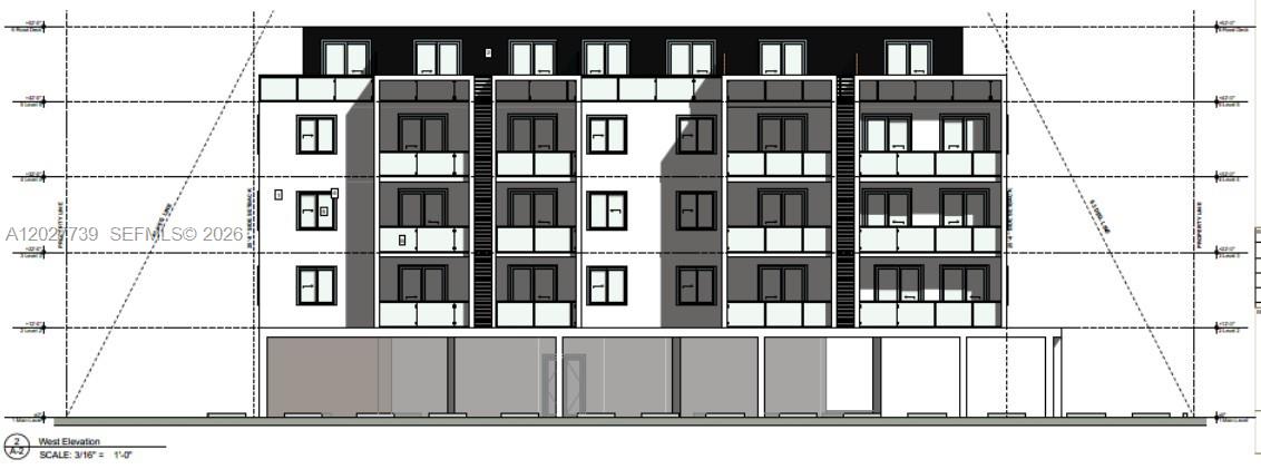 This architectural rendering shows the west elevation of a multi-story residential building with balconies — 1749 NE 149, North Miami FL 33181, NORTH MIAMI, FL