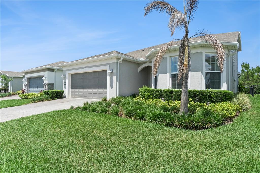 A single-story house with a gray stucco exterior, a two-car garage, and a palm tree — 2691 RIVER CREEK LANE, ST CLOUD, FL
