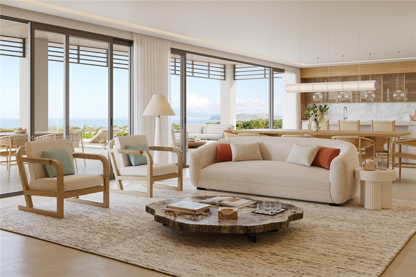 This rendering shows a modern open-concept living room with a sofa, armchairs, and ocean views — 3-204 Nevis Peak Residences # 204, WI 54467, WI