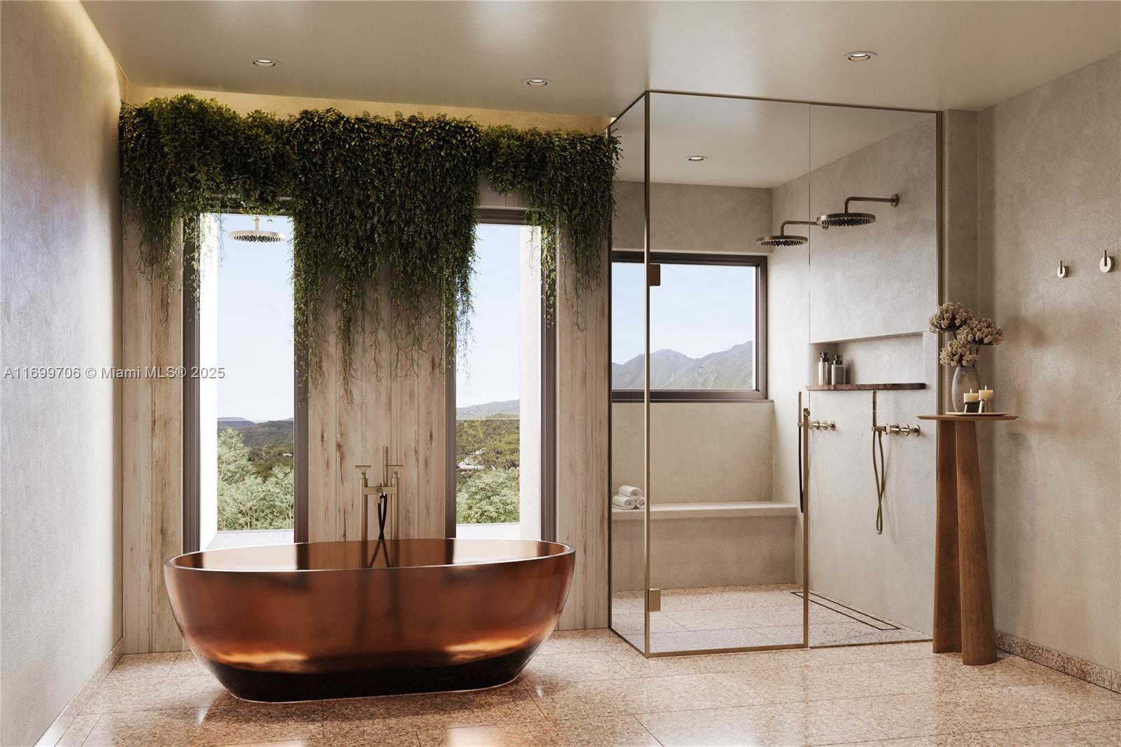 This rendering shows a modern bathroom featuring a copper soaking tub, glass shower, and greenery — 3-204 Nevis Peak Residences # 204, WI 54467, WI