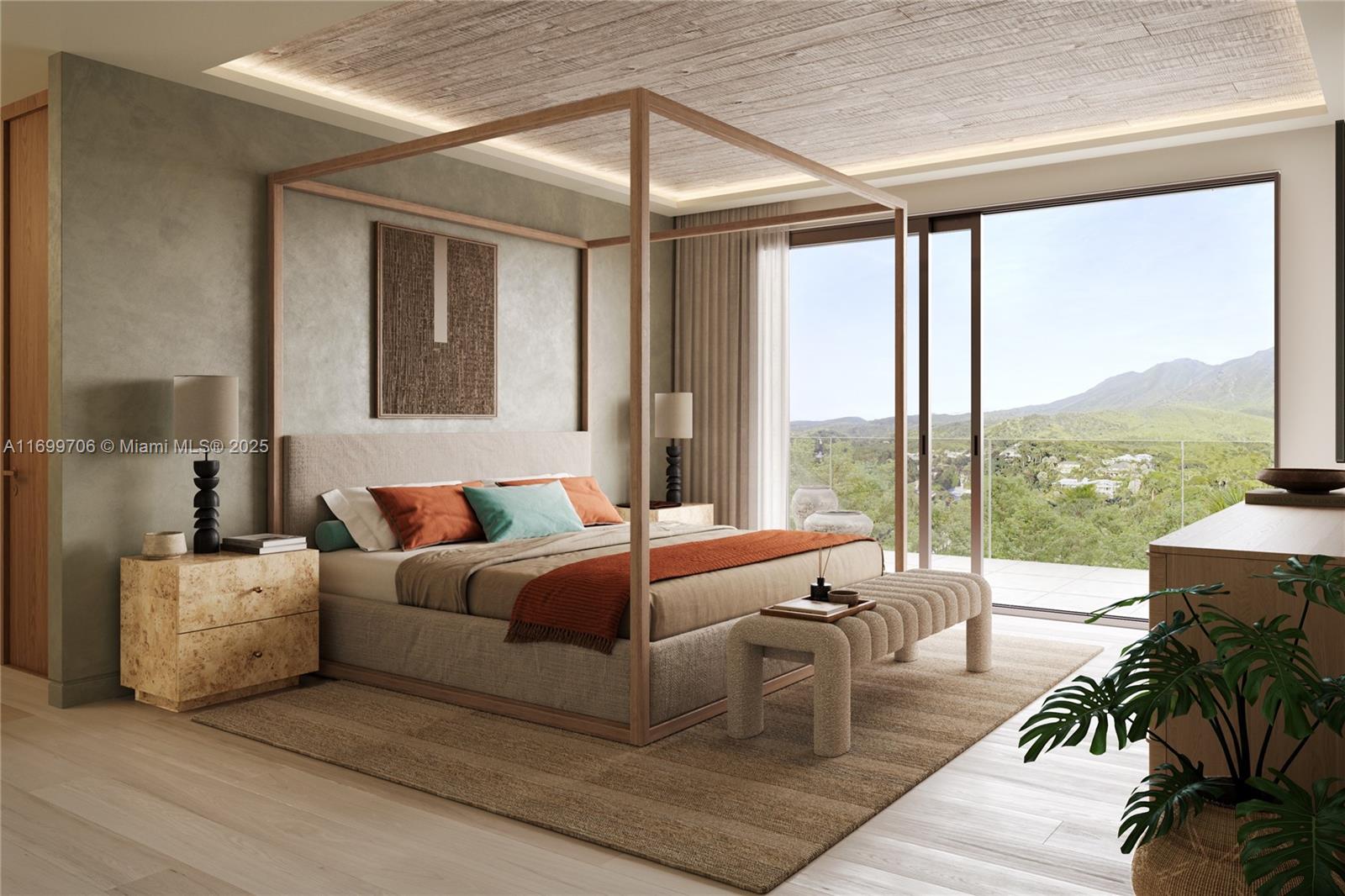 This rendering shows a modern bedroom with a canopy bed, textured walls, and mountain views — 3-204 Nevis Peak Residences # 204, WI 54467, WI