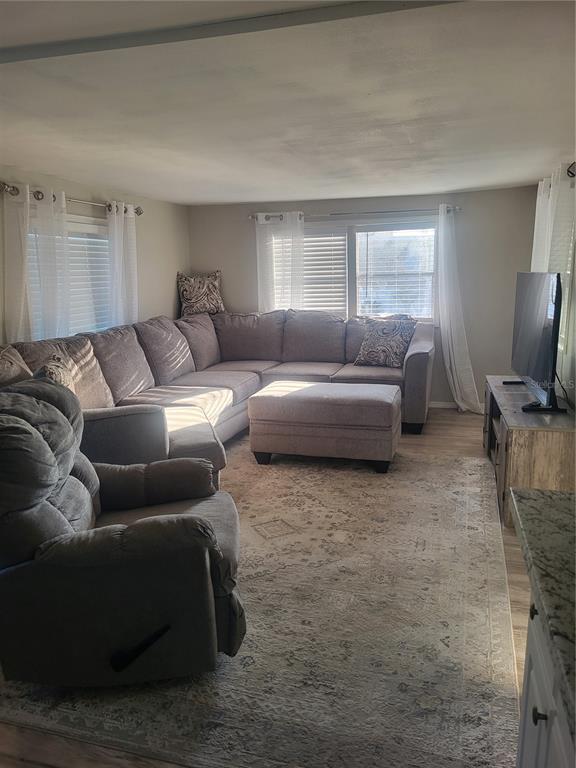 A living room features a large sectional sofa, a recliner, and a television on a stand — 6580 SEMINOLE BOULEVARD UNIT 424, SEMINOLE, FL