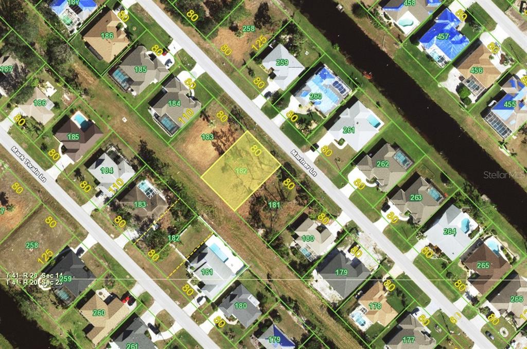 This is an aerial map showing residential lots and streets in a suburban neighborhood — 79 MARINER LANE, ROTONDA WEST, FL