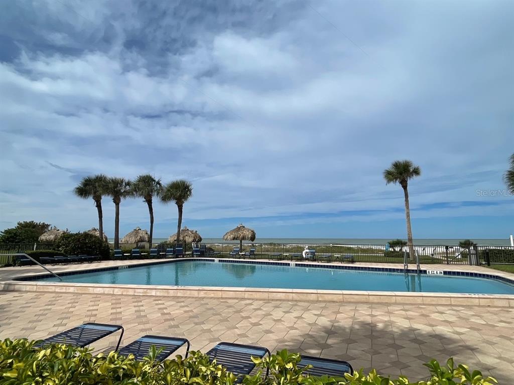 A swimming pool sits on a paved deck overlooking the ocean with palm trees nearby — 1460 GULF BOULEVARD UNIT 707, CLEARWATER BEACH, FL