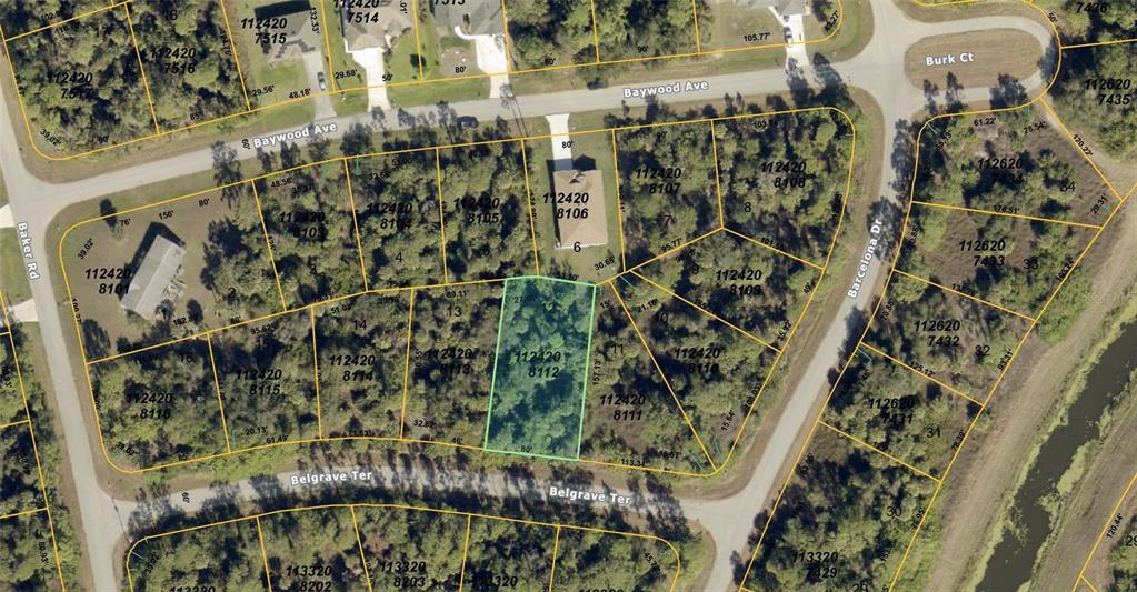 This is an aerial map showing residential property lot lines and street layouts — Lot 12 BELGRAVE TERRACE, NORTH PORT, FL