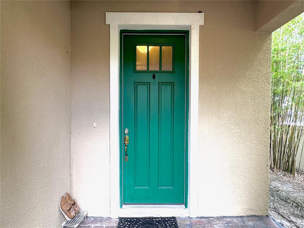 A green front door with a glass window panel is set in a beige wall — 10132 GRAND OAK CIRCLE, MADEIRA BEACH, FL