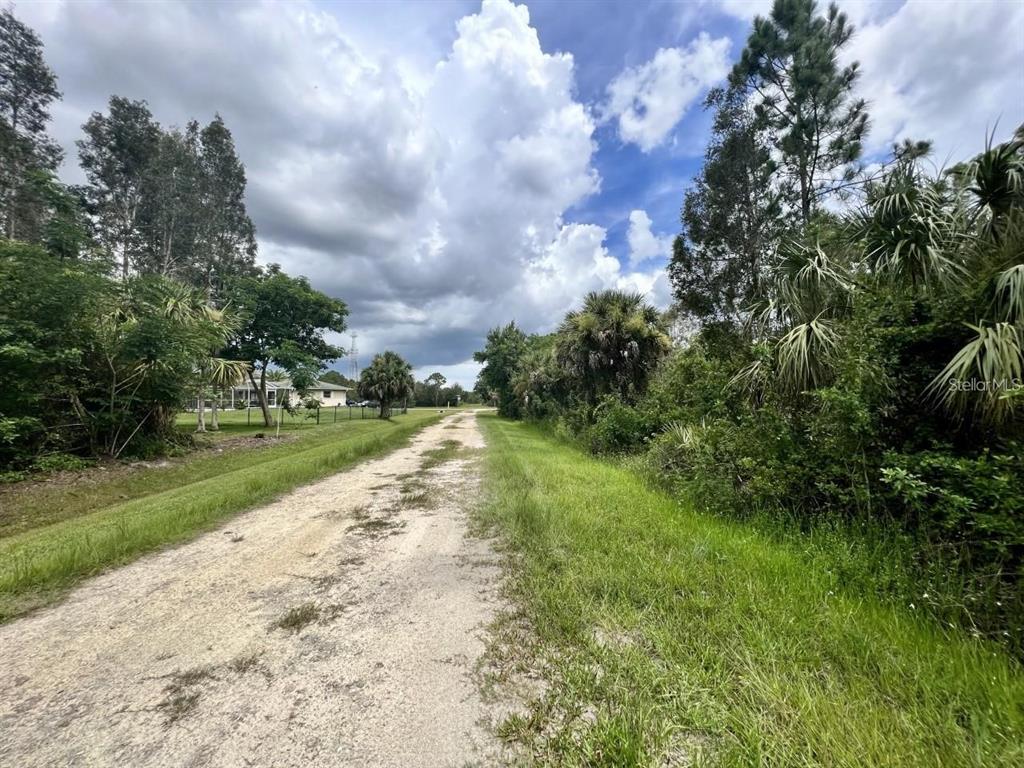 A dirt road leads through a grassy, wooded area toward a house in the distance — 12593 GUCCI DRIVE, PUNTA GORDA, FL