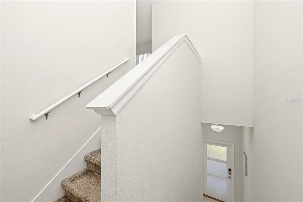 A carpeted staircase with a white handrail leads down to a door with glass panels — 877 OCEAN COURSE AVENUE UNIT 877, DAVENPORT, FL