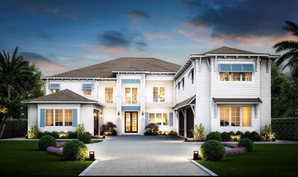 This is a rendering of a two-story white house with blue shutters and a driveway — 5548 Pennock Point Road, Jupiter FL 33458, JUPITER, FL