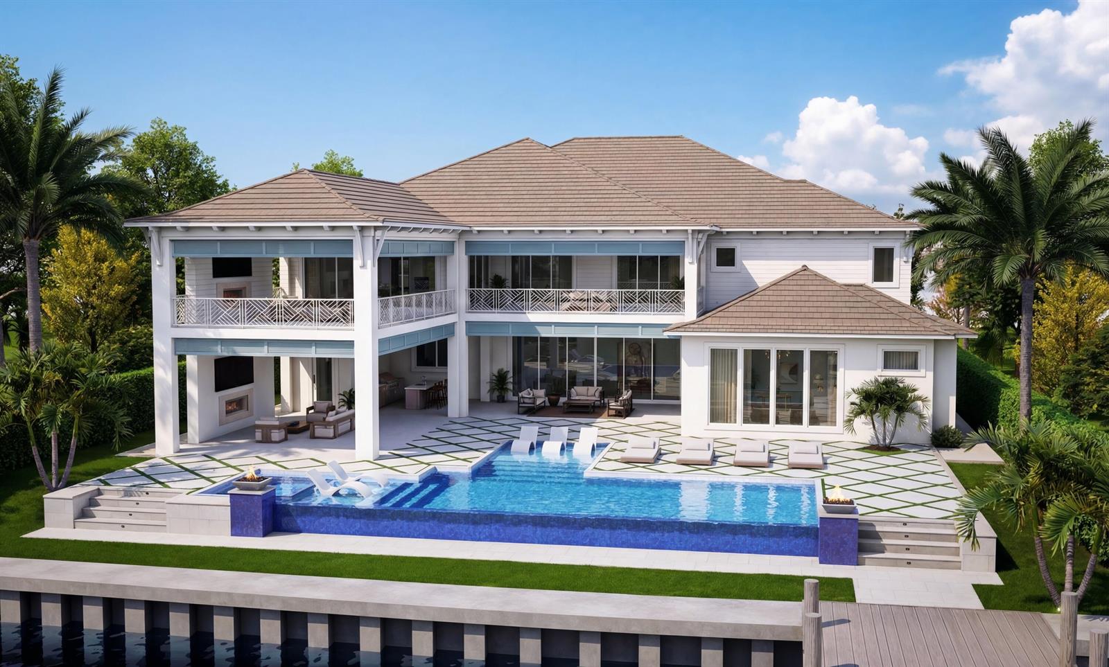 This architectural rendering shows a two-story waterfront house with a pool and patio — 5548 Pennock Point Road, Jupiter FL 33458, JUPITER, FL